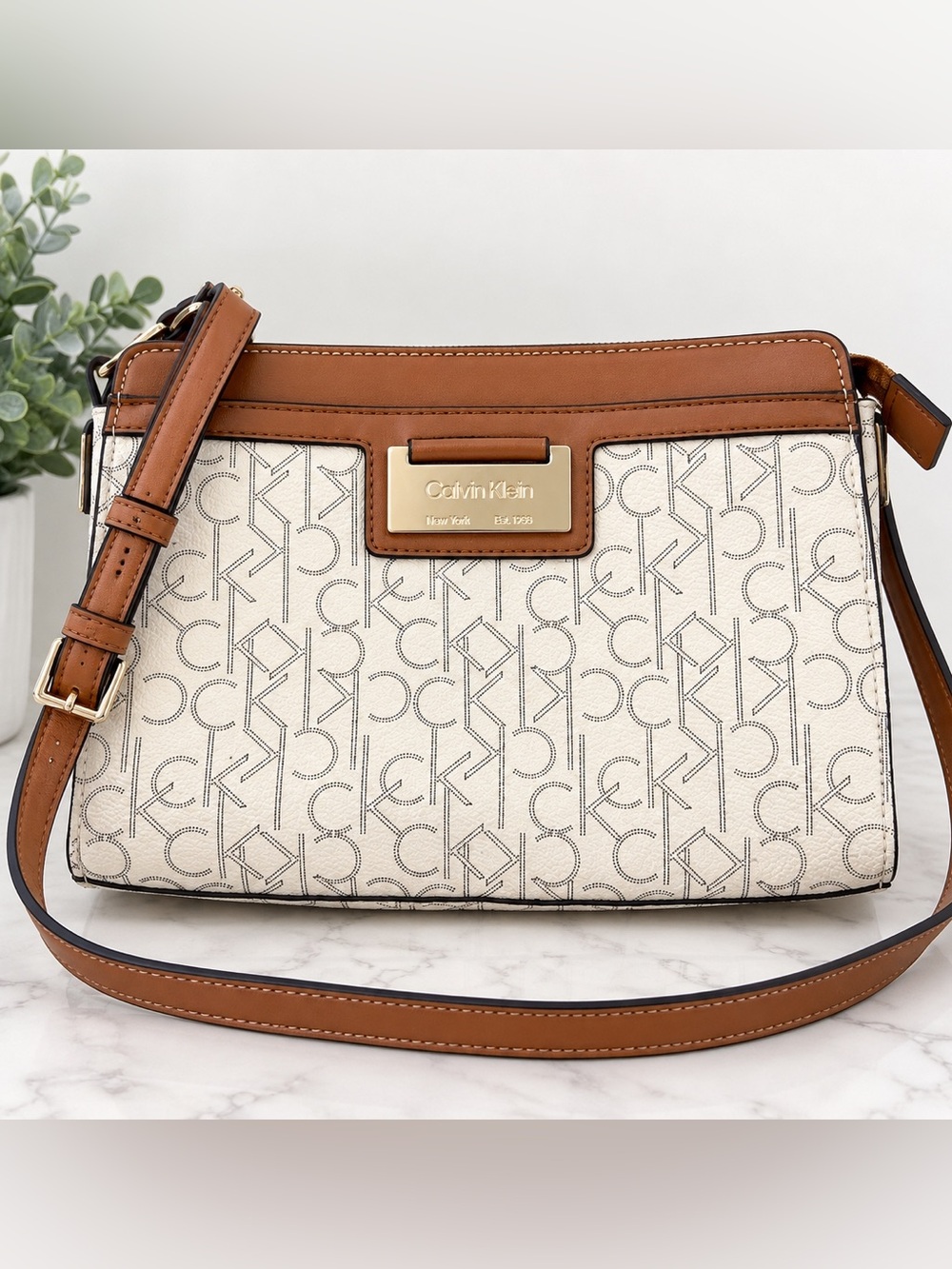 Calvin Klein CK Monogram Crossbody Bag Cream Tan Gold Adjustable Strap